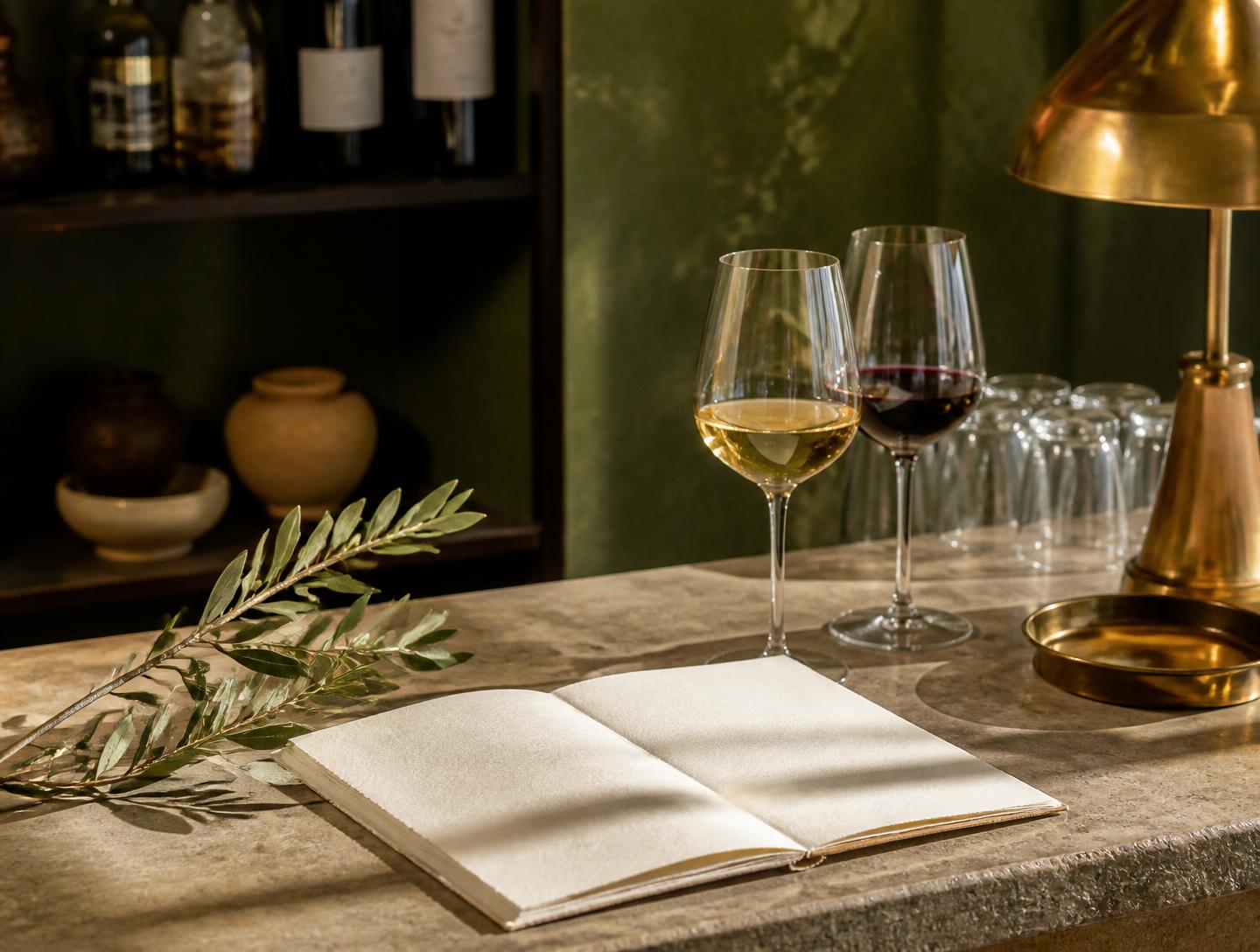 Wine glasses, an open wine list and an olive branch on a bar top