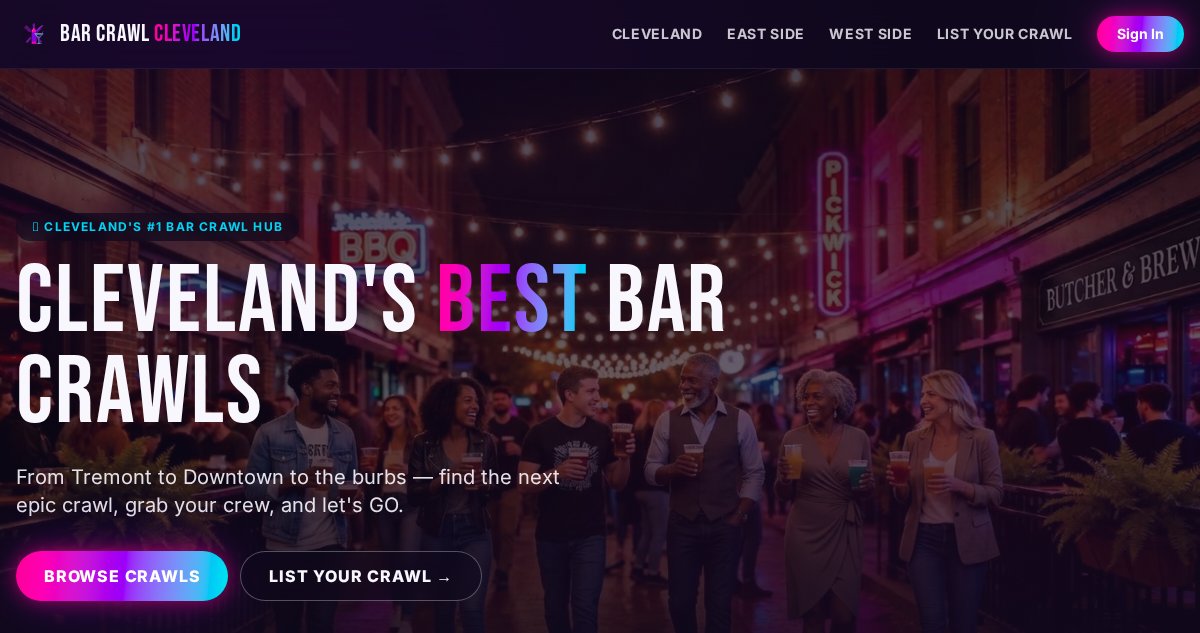 BarCrawlCleveland.com homepage header and navigation