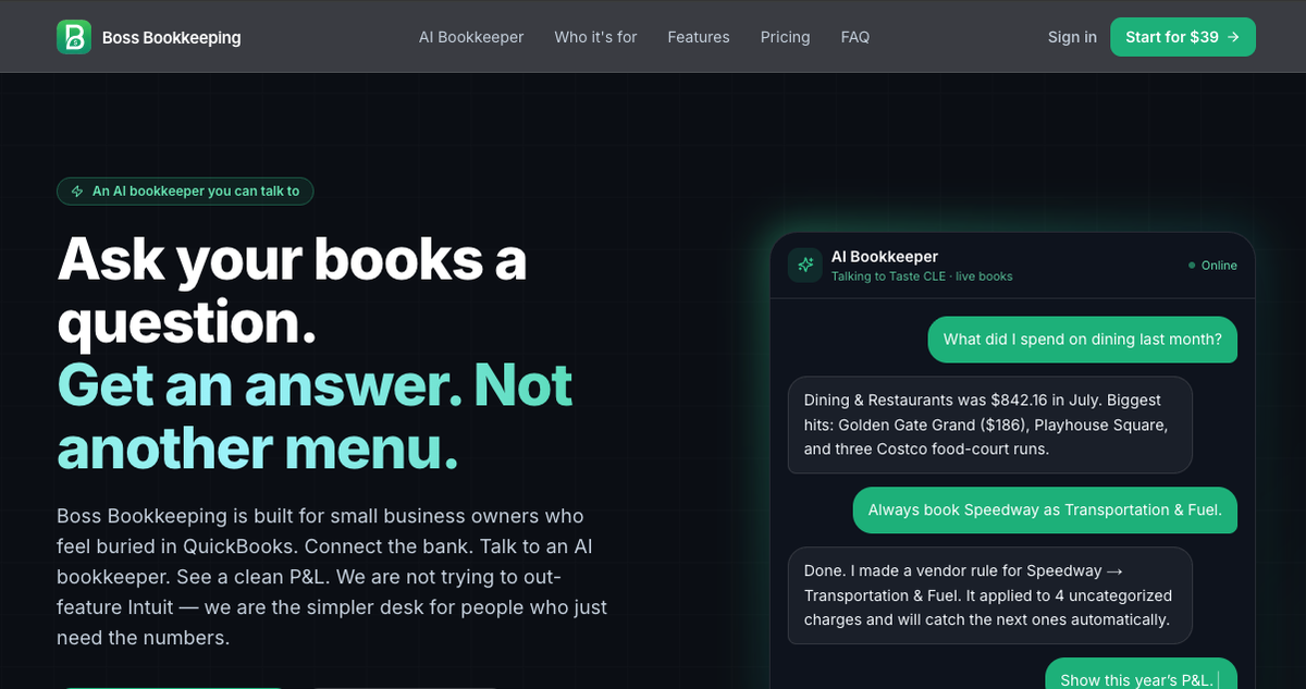 BossBookkeeping.ai homepage header and navigation