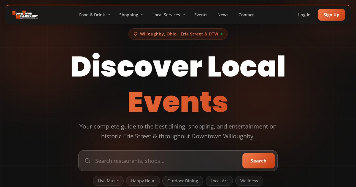 DownTownWilloughby.com homepage header and navigation