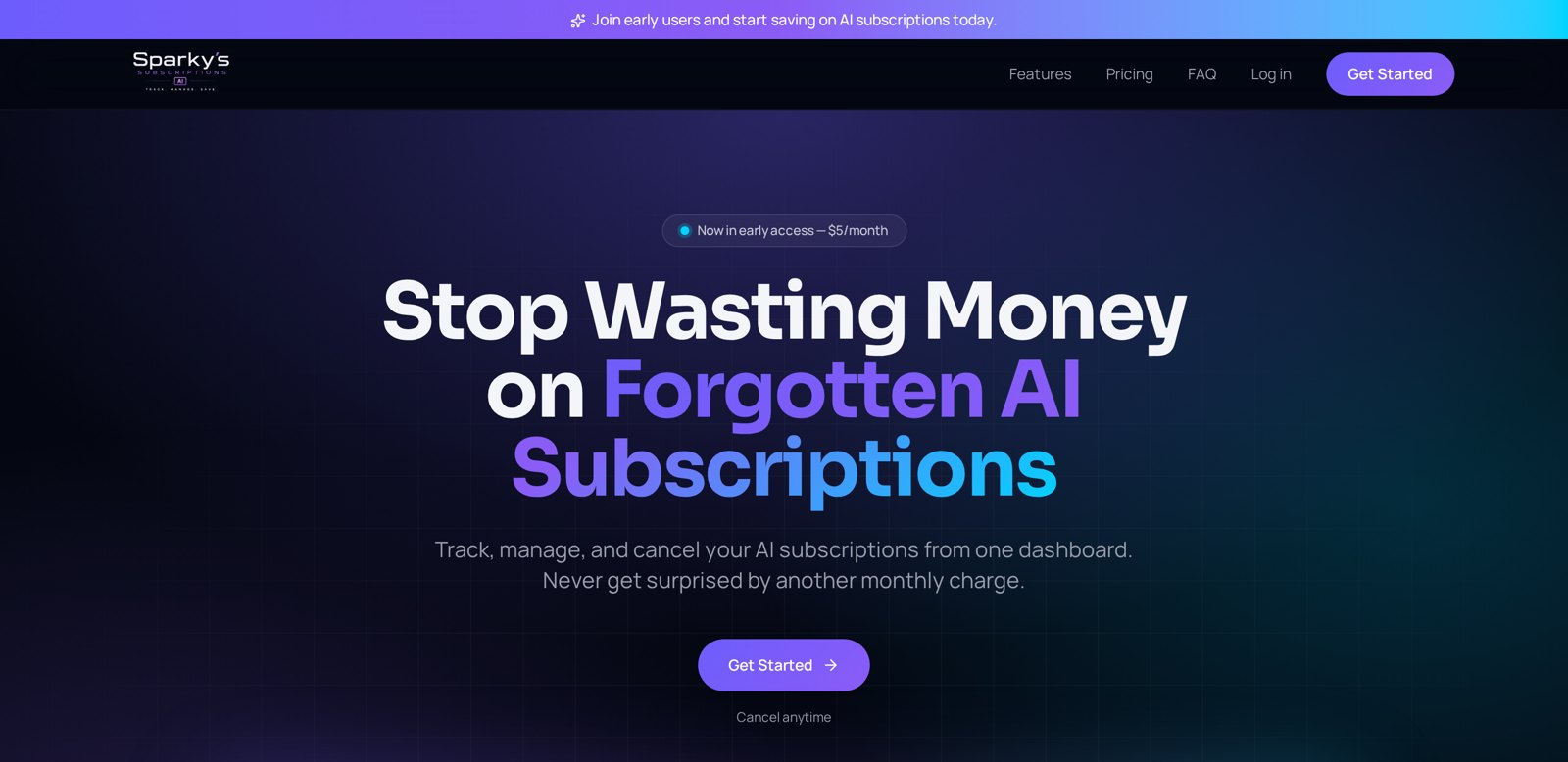 SparkysSubscriptions.com homepage header and navigation